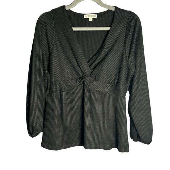 Pleione Black Ribbed Twist Front Peplum Long Sleeve Top Size Medium - Picture 1 of 7